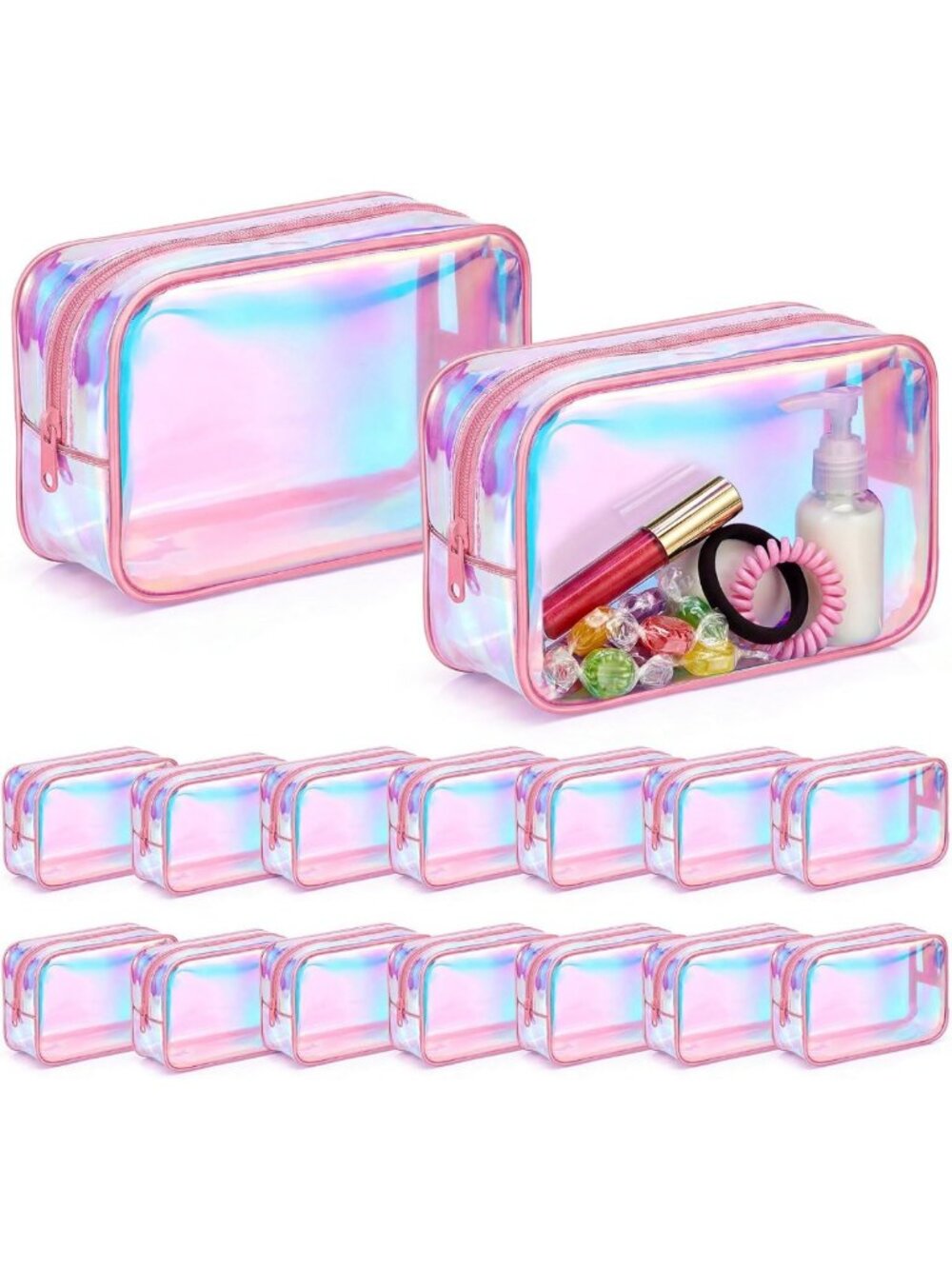 16 Pcs Clear Iridescent Makeup Bags Set - Bulk, Reinforced Edging, Pink Storage
